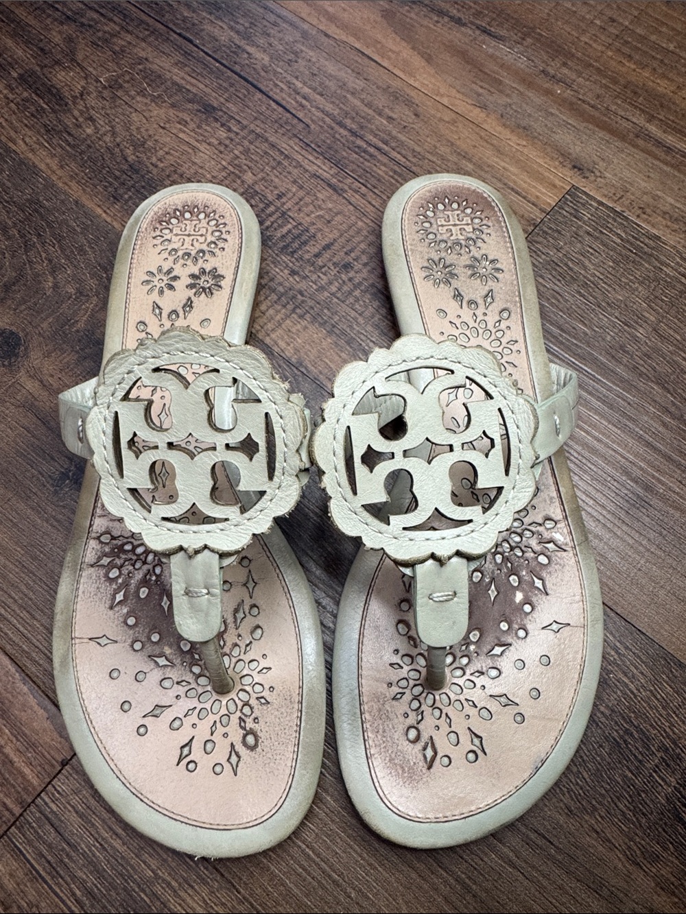 Tory Burch Miller Scalloped Medallion Sandals in a neutral beige or almond